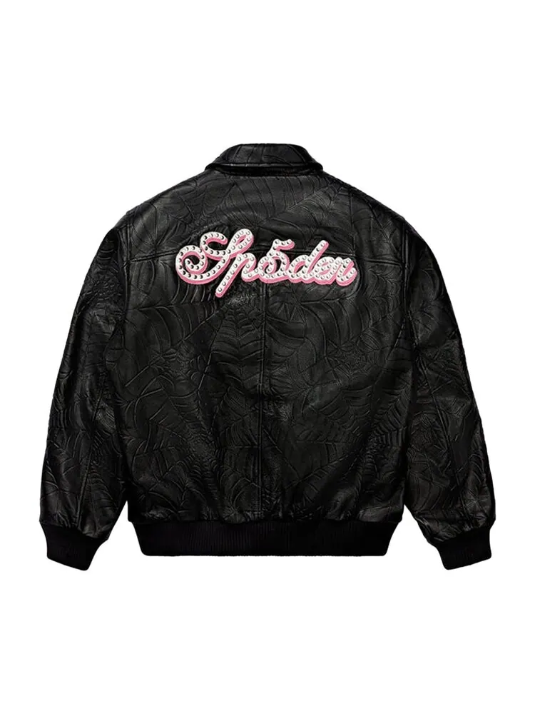 Куртка Sp5der Debossed Web Leather 'Black' — изображение 2 из 2, черный