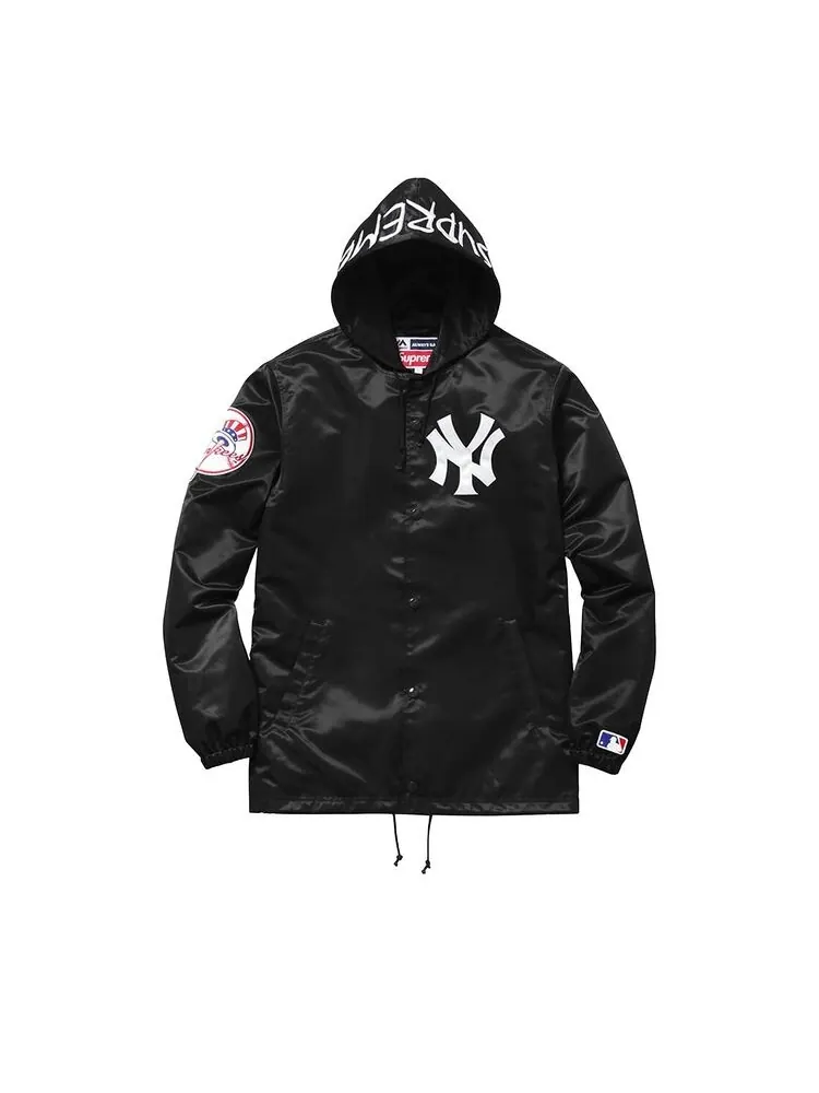 Куртка Supreme x Yankees Satin Hooded Coaches Jacket Black — изображение 1 из 1, черный