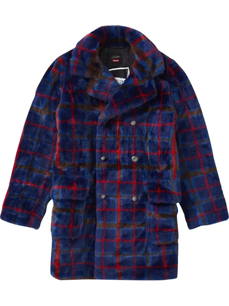 Пальто Supreme x Jean Paul Gaultier Double Breasted Plaid Faux Fur Coat 'Blue' — изображение 1 из 1, синий