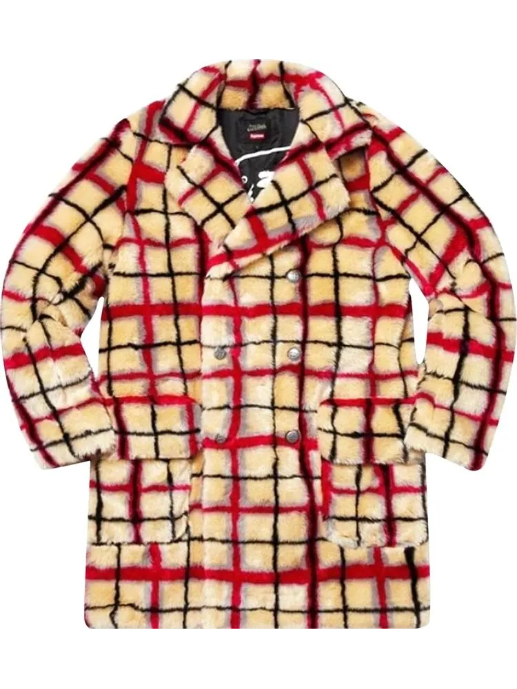 Пальто Supreme x Jean Paul Gaultier Double Breasted Plaid Faux Fur Coat 'White' — изображение 1 из 1, белый
