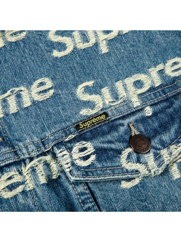 Куртка Supreme Frayed Logos Denim Trucker Jacket Blue — изображение 3 из 3, синий