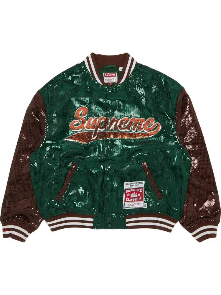 Куртка Supreme x Mitchell & Ness Sequin Varsity Jacket 'Green' — изображение 1 из 3, зеленый