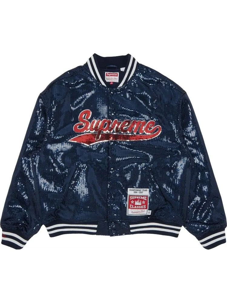 Куртка Supreme x Mitchell & Ness Sequin Varsity Jacket 'Navy' — изображение 1 из 3, синий