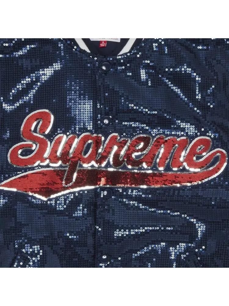 Куртка Supreme x Mitchell & Ness Sequin Varsity Jacket 'Navy' — изображение 3 из 3, синий