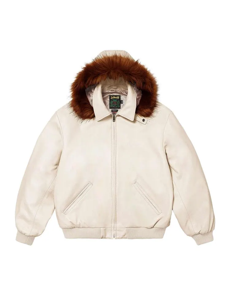 Куртка Supreme x Schott Hooded Leather Bomber Jacket — изображение 1 из 2, серый