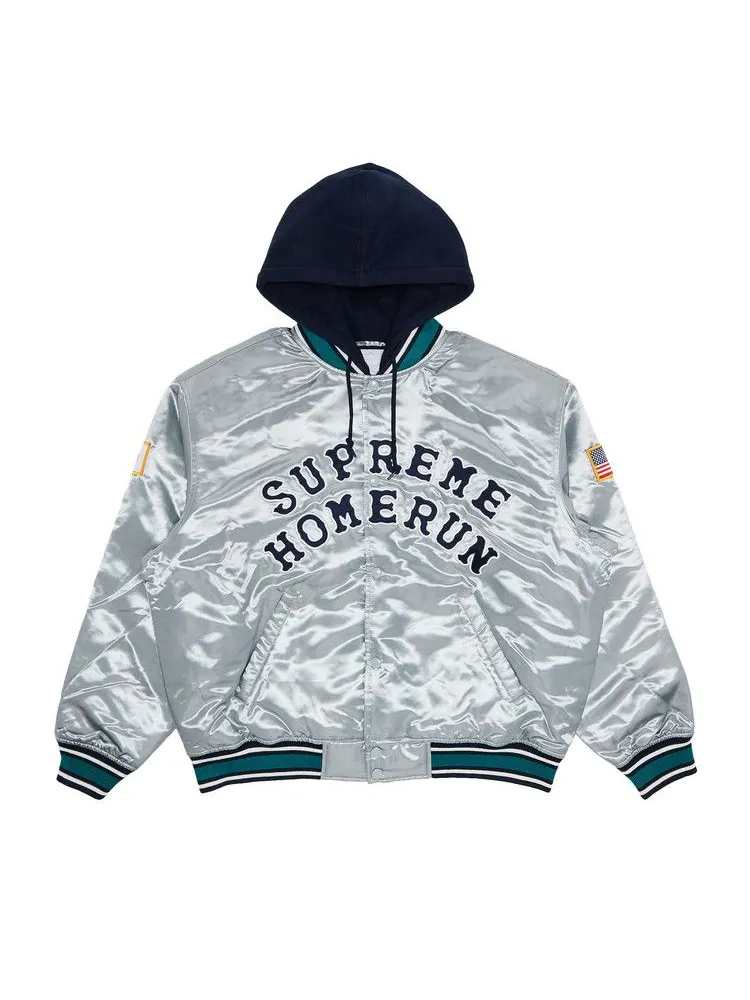 Куртка Supreme x Homerun Satin Hooded Varsity Jacket — изображение 1 из 3, серебряный