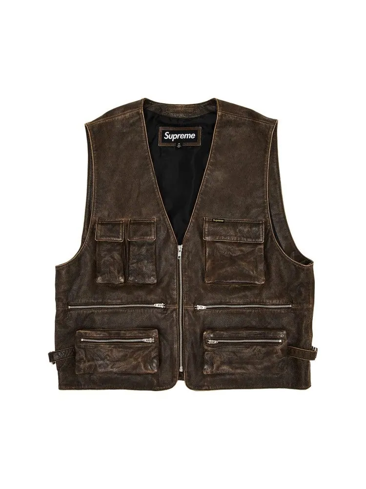Утепленный жилет Supreme Leather Cargo Vest — изображение 1 из 3, коричневый