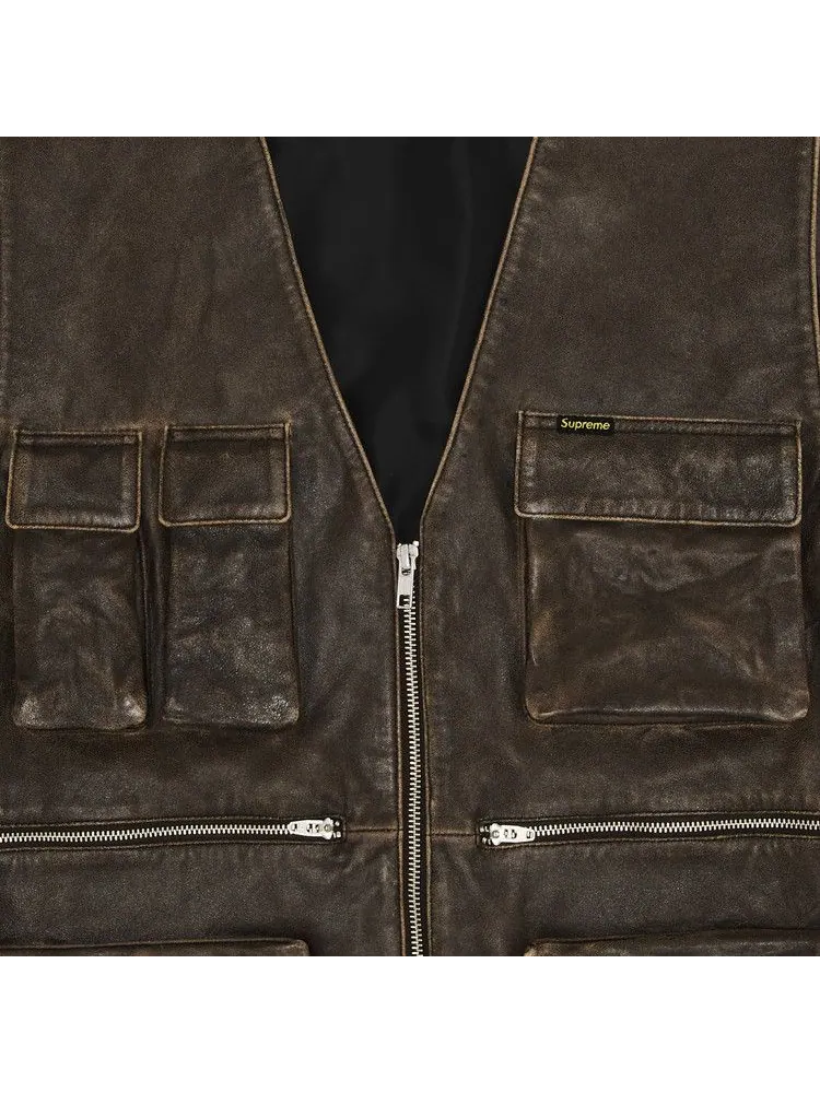 Утепленный жилет Supreme Leather Cargo Vest — изображение 3 из 3, коричневый