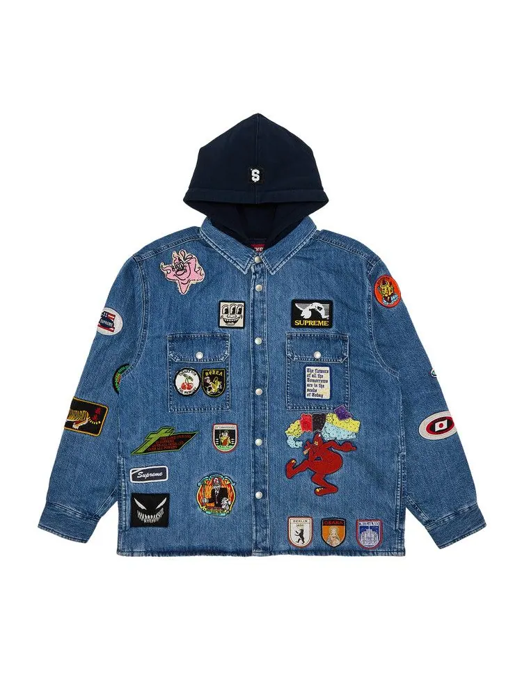 Рубашка Supreme Patches Hooded Zip Up Shirt — изображение 1 из 3, джинсовый синий