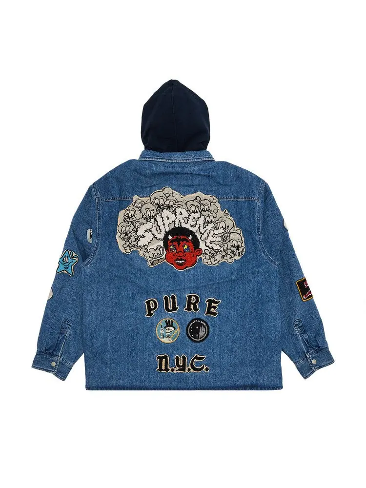 Рубашка Supreme Patches Hooded Zip Up Shirt — изображение 2 из 3, джинсовый синий