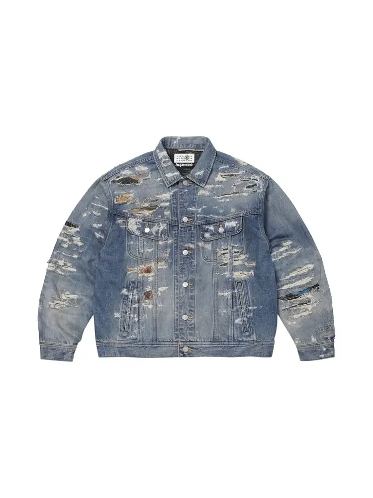 Джинсовая куртка Supreme x MM6 Maison Margiela из рваного денима с кромкой, цвет «выстиранный индиго»