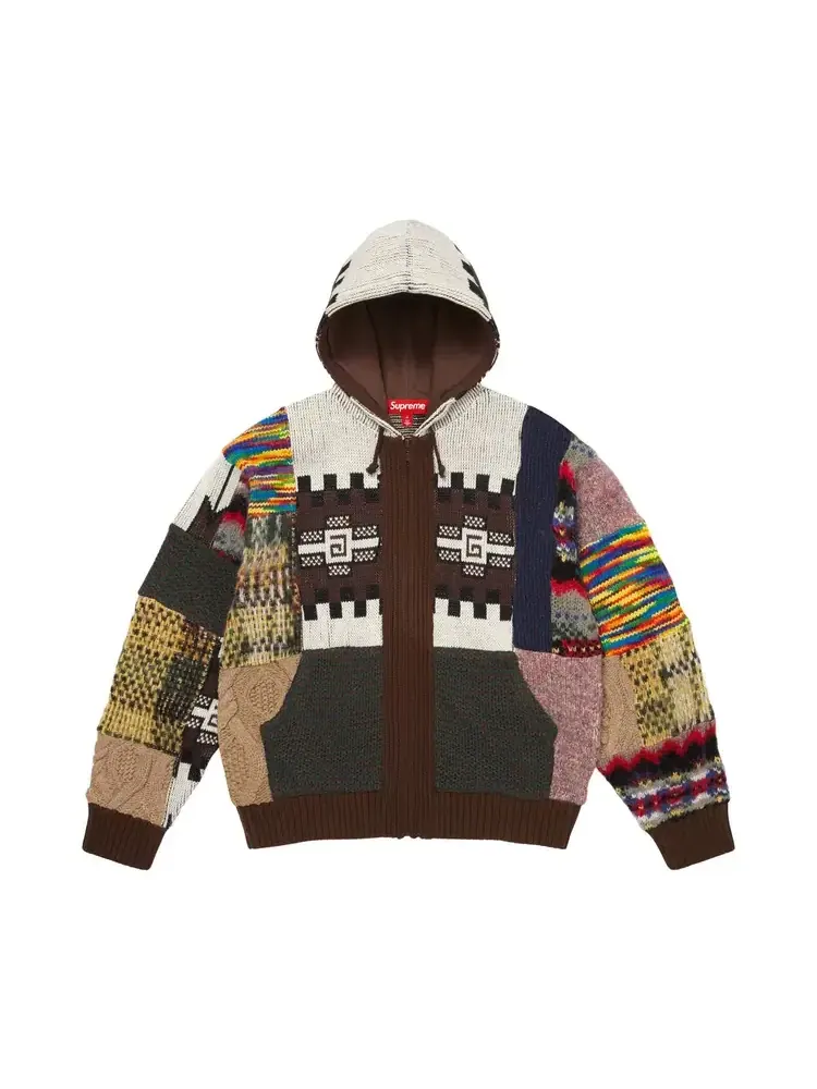 Свитер с капюшоном на молнии и в стиле пэчворк Supreme — изображение 1 из 2, коричневый