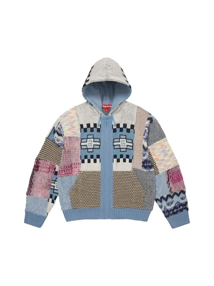 Свитер с капюшоном на молнии и в стиле пэчворк Supreme — изображение 1 из 2, синий