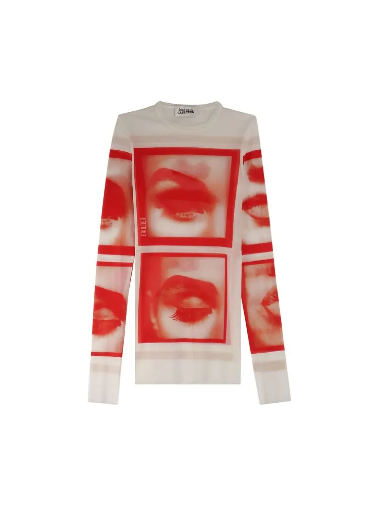 Топ Jean Paul Gaultier Re-Edition Mesh Longsleeve Top Printed Eyes And Lips — изображение 1 из 1, белый
