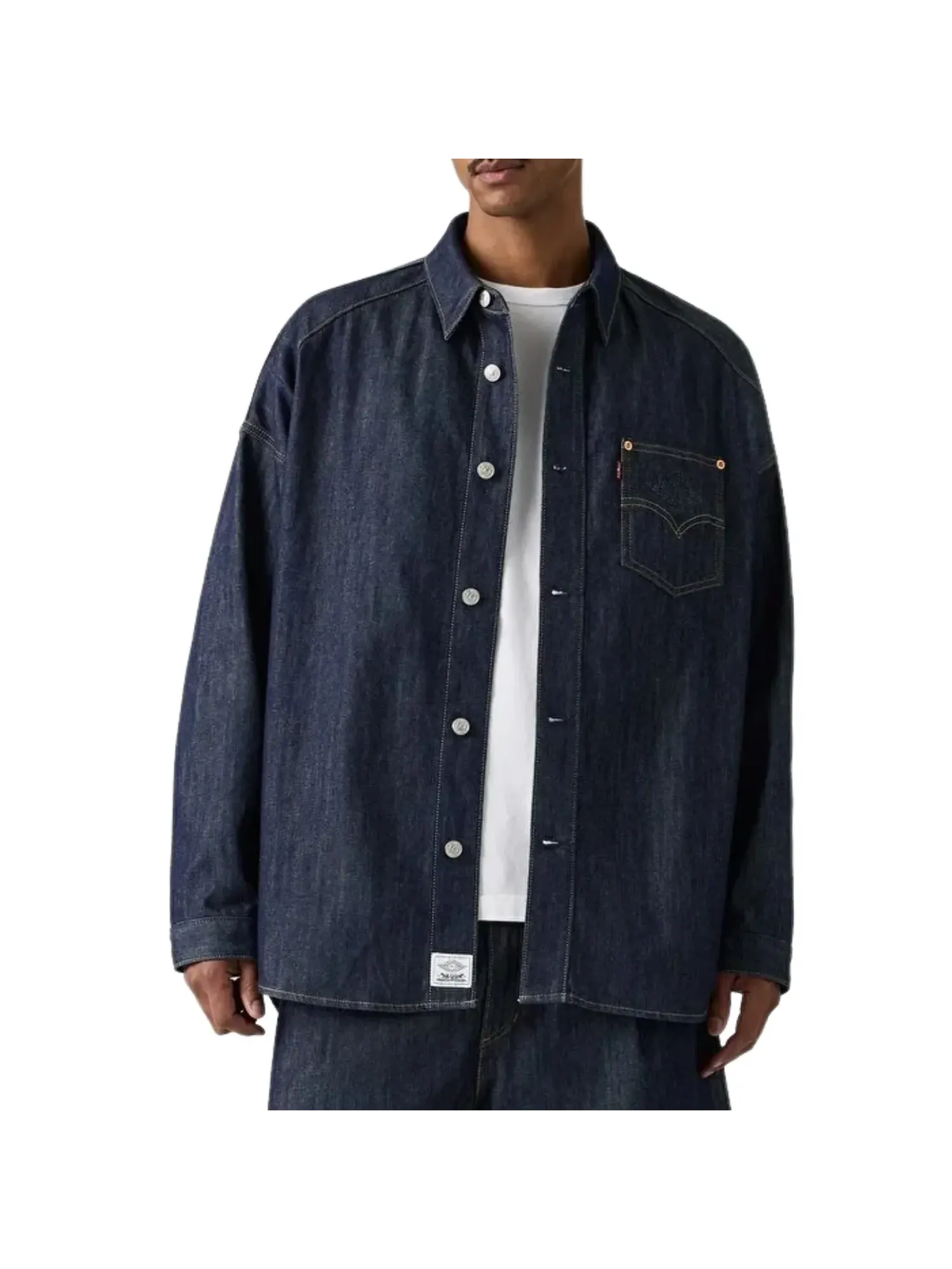 Джинсовая куртка-рубашка Air Jordan x LEVI'S 12oz Denim Overshirt Jacket 'Rinsed Indigo' — изображение 3 из 5, темно-синий
