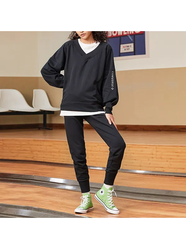 Свитер solid color loose knit v neck hoodie black Converse — изображение 3 из 4, черный