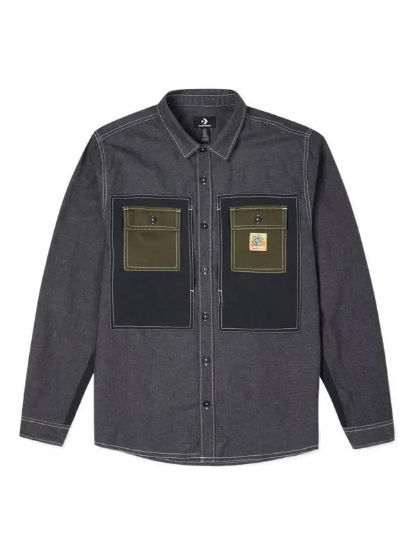 Рубашка men's flowers small logo retro splicing contrasting colors woven shirt jacket dark black Converse, черный