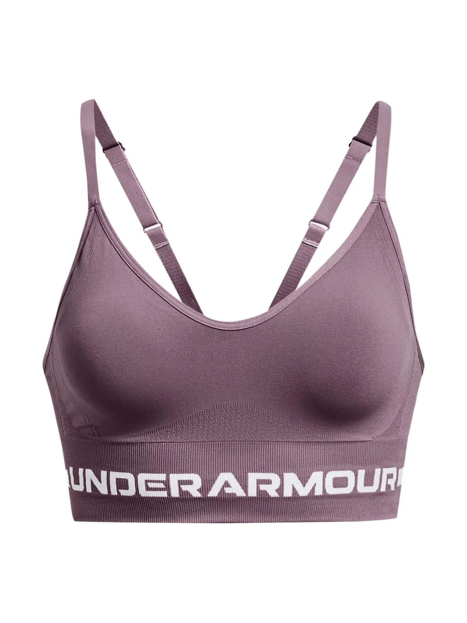 (WMNS) Бесшовный бюстгальтер Under Armour с низкой посадкой и удлиненным кроем — изображение 1 из 6, фиолетовый/белый