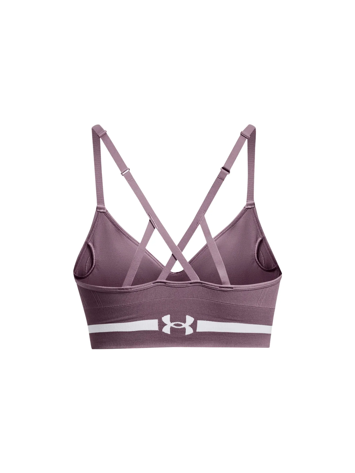 (WMNS) Бесшовный бюстгальтер Under Armour с низкой посадкой и удлиненным кроем — изображение 2 из 6, фиолетовый/белый