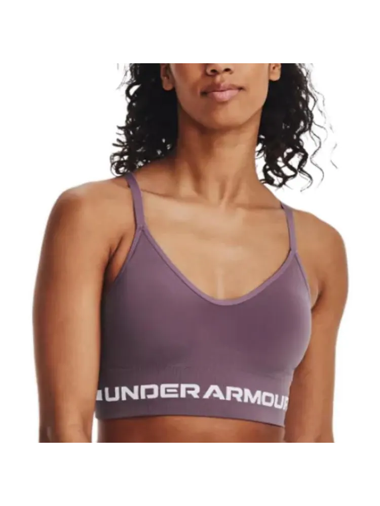 (WMNS) Бесшовный бюстгальтер Under Armour с низкой посадкой и удлиненным кроем — изображение 3 из 6, фиолетовый/белый