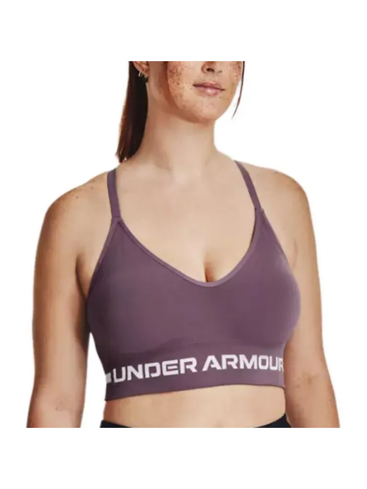 (WMNS) Бесшовный бюстгальтер Under Armour с низкой посадкой и удлиненным кроем — изображение 4 из 6, фиолетовый/белый