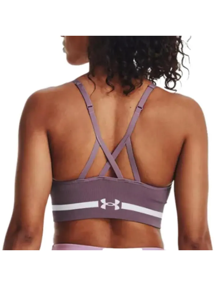 (WMNS) Бесшовный бюстгальтер Under Armour с низкой посадкой и удлиненным кроем — изображение 5 из 6, фиолетовый/белый