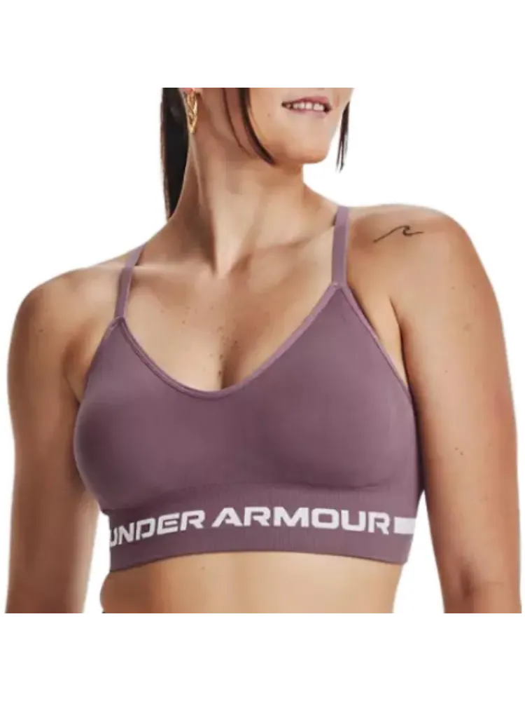 (WMNS) Бесшовный бюстгальтер Under Armour с низкой посадкой и удлиненным кроем — изображение 6 из 6, фиолетовый/белый