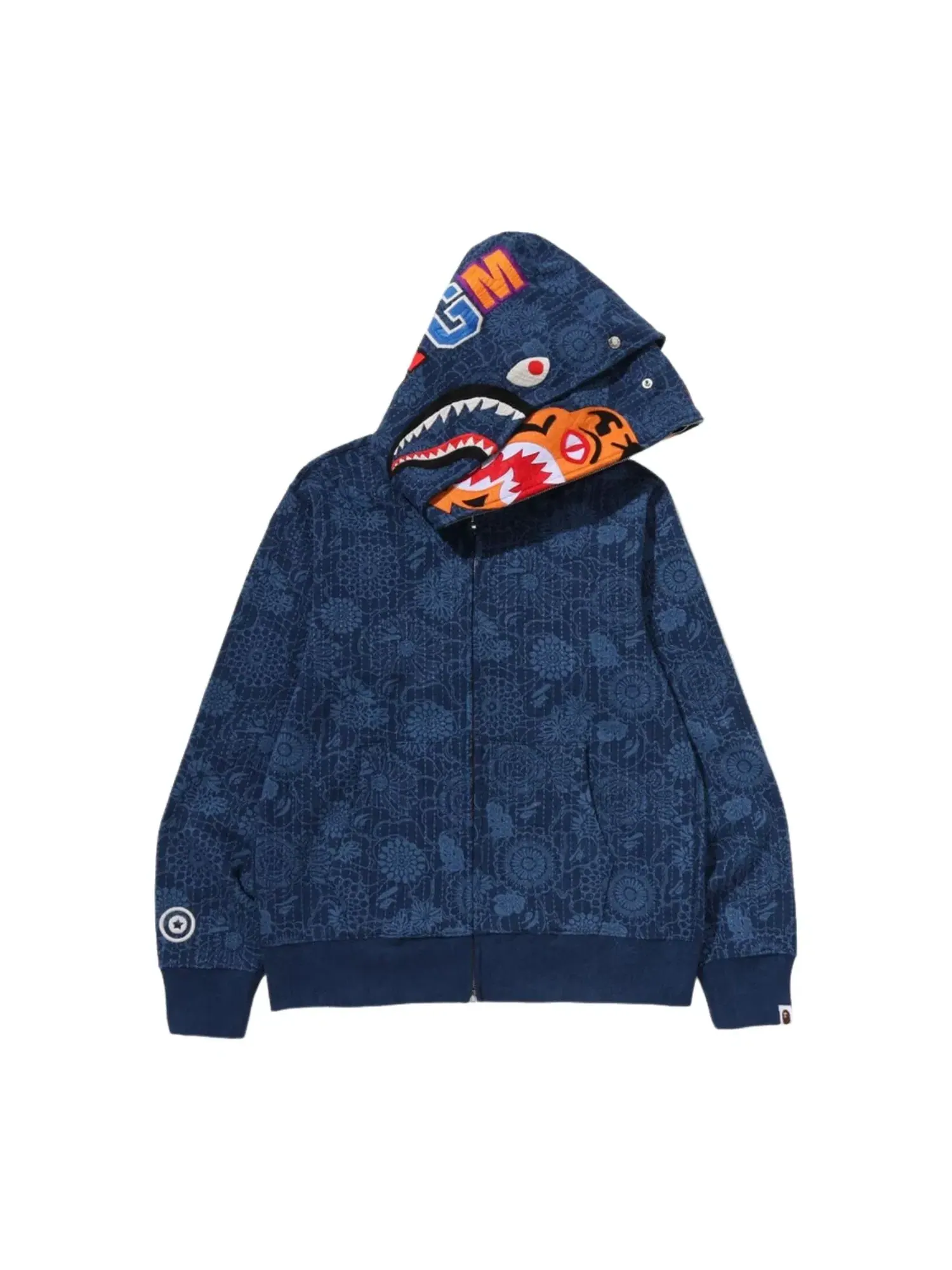 Мужское худи с капюшоном с принтом Japanese Indigo Art Camo Double Tiger Shark Full Zip A Bathing Ape — изображение 2 из 4