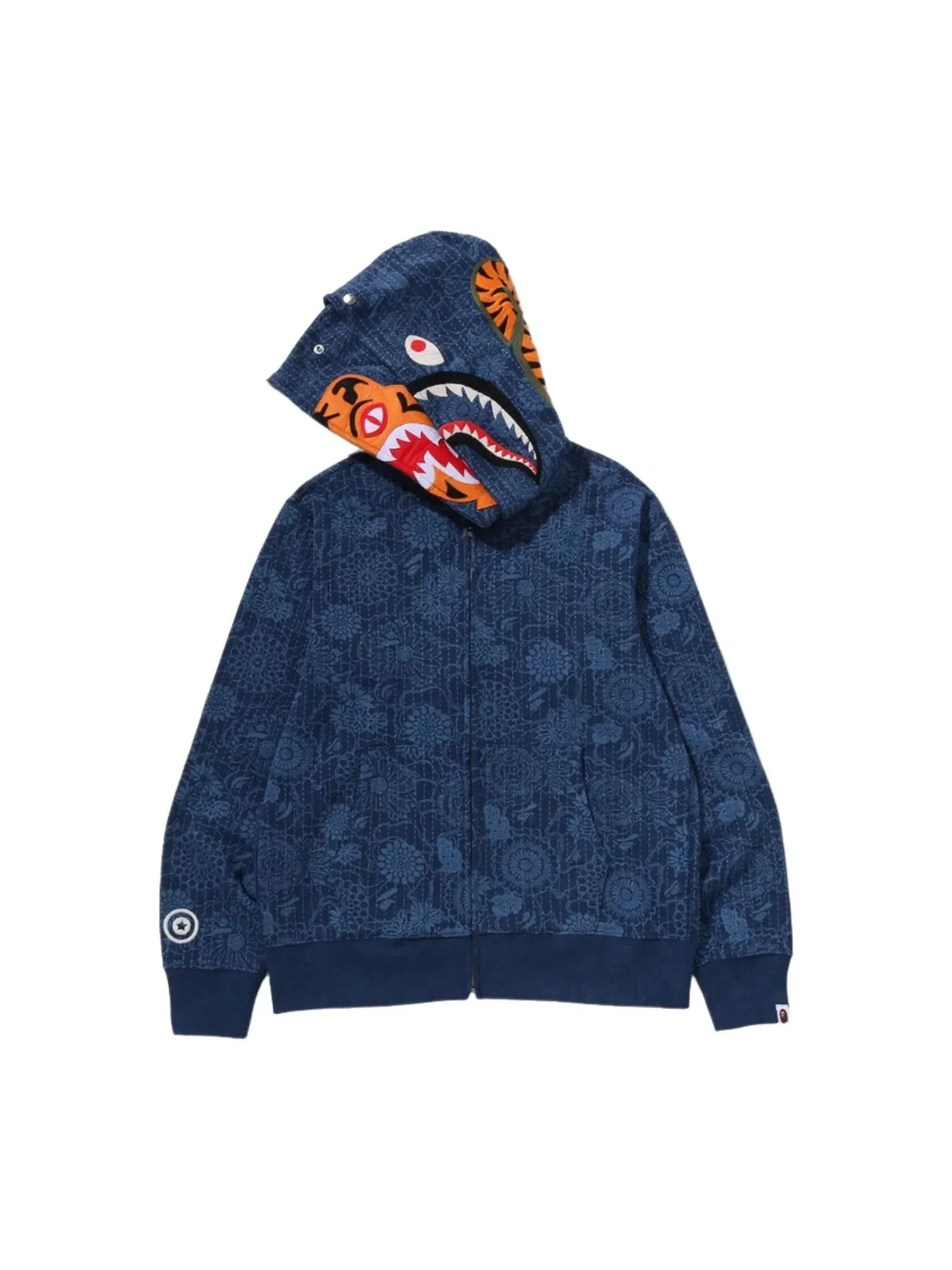Мужское худи с капюшоном с принтом Japanese Indigo Art Camo Double Tiger Shark Full Zip A Bathing Ape — изображение 3 из 4