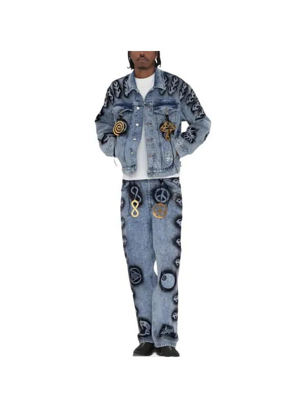 Куртка x dries van noten hand-stencilled denim jacket 'washed blue' Stussy — изображение 3 из 4, синий