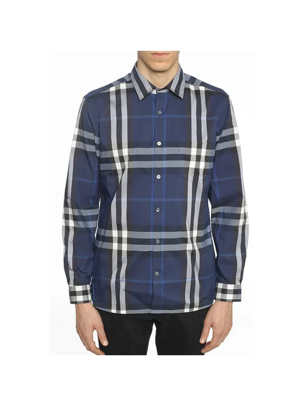 Рубашка Burberry Men's SS21 Classic Plaid Long Sleeves Shirt Navy синий, классическая клетка — изображение 4 из 4