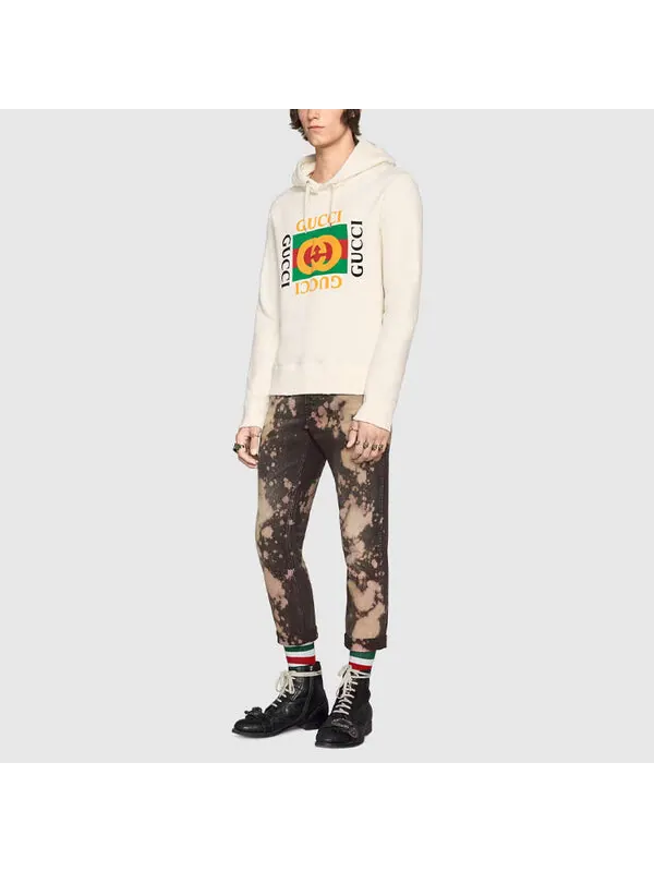 Толстовка Gucci Vintage Double Ring Logo Printed Hooded Drawstring Sweatshirt, мужская — изображение 2 из 4, белый