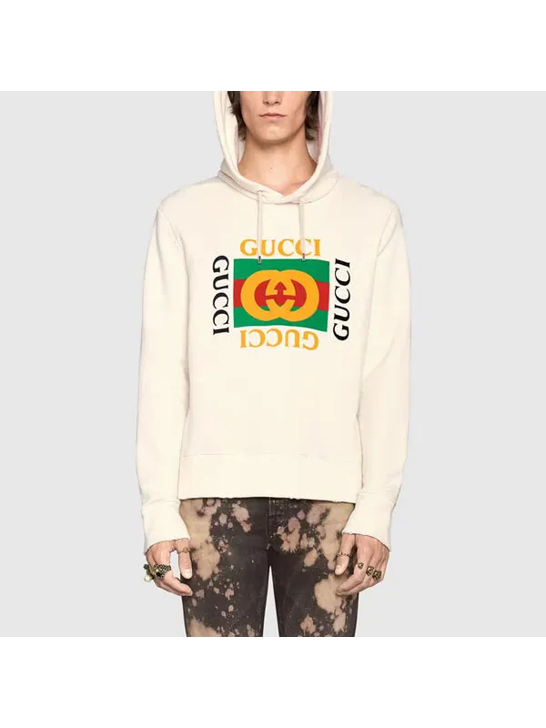 Толстовка Gucci Vintage Double Ring Logo Printed Hooded Drawstring Sweatshirt, мужская — изображение 4 из 4, белый