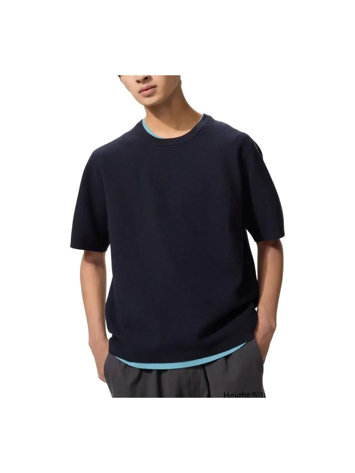 Вязаная футболка UNIQLO Milano в рубчик, темно-синяя, модель 481726-69, многоразовая