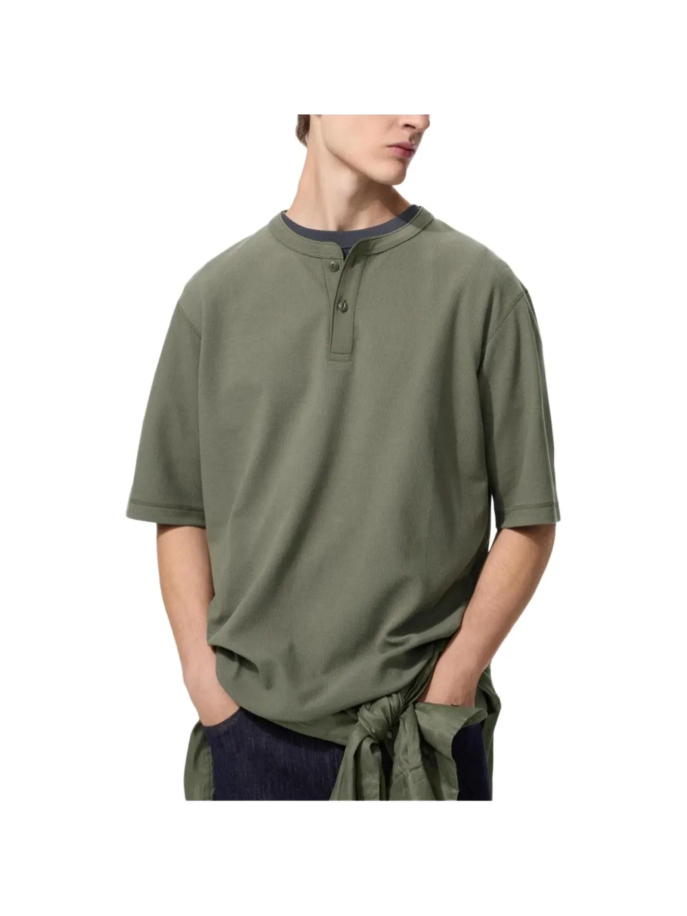 Футболка Uniqlo Dry Waffle Henley Neck Unisex, 57 оливковый