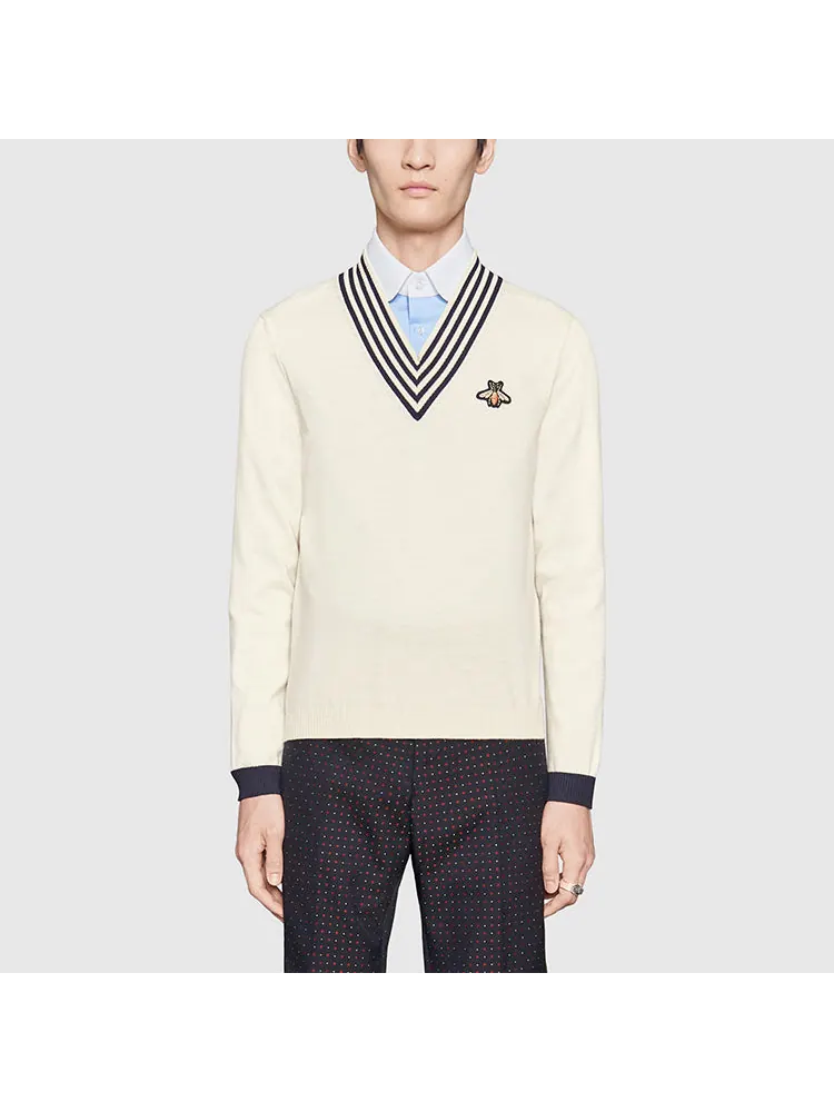 Топ Gucci V-neck Wool Knit With Bee, женский — изображение 3 из 4, белый