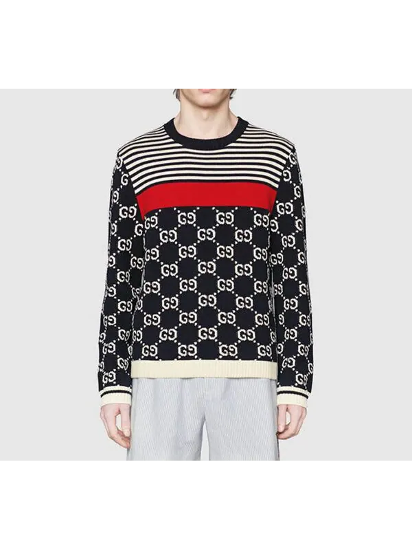 Свитер Gucci men's gg logo striped knit sweater — изображение 2 из 4, синий