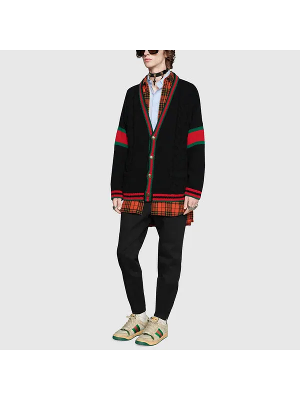 Кардиган Gucci oversize cable knit — изображение 3 из 4, черный/красный/зеленый