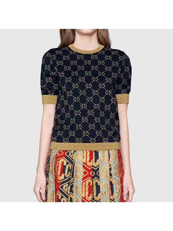 Футболка Gucci хлопково-шелковая с коротким рукавом, классический крой — изображение 2 из 4, темно-синий