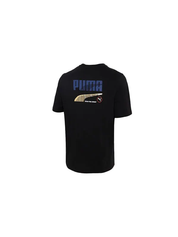 Футболка team graphic t-shirt 'black' Puma — изображение 2 из 4, черный/золотистый/синий