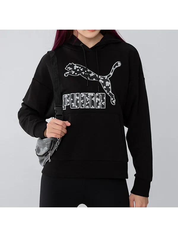 Свитер logo floral graphic hoodie 'black' Puma — изображение 3 из 4, черный