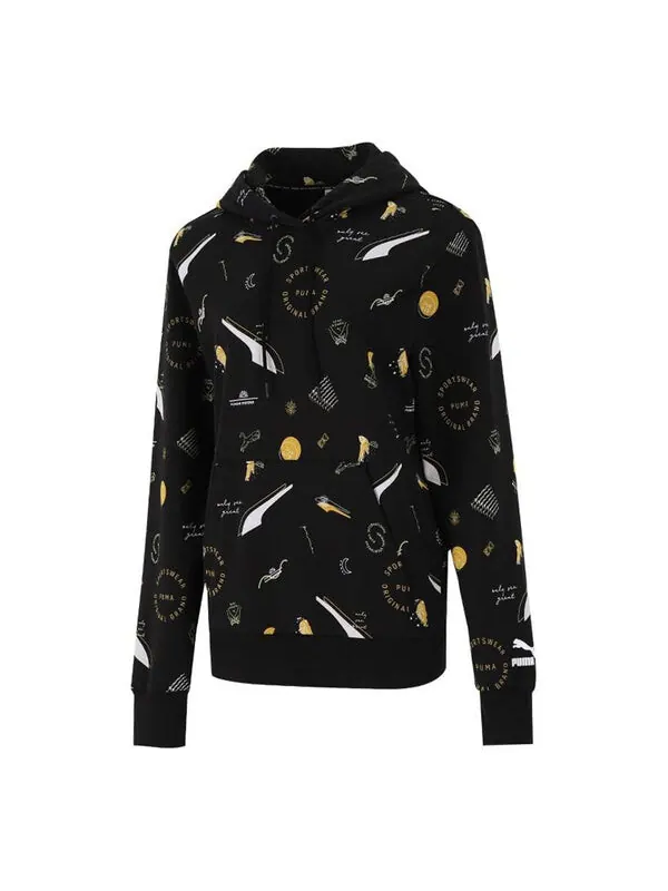 Свитер casual full print drawstring loose pullover hoodie black Puma — изображение 1 из 2, черный