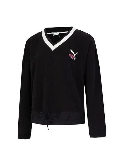 Свитер logo v neck sweatshirt 'black' Puma — изображение 1 из 4, черный/белый
