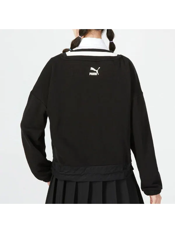 Свитер logo v neck sweatshirt 'black' Puma — изображение 4 из 4, черный/белый