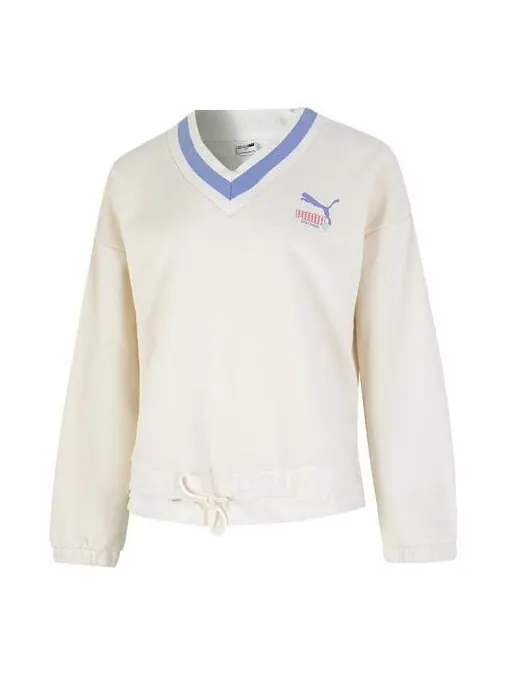 Свитер logo v neck sweatshirt 'white' Puma — изображение 1 из 4, белый/фиолетовый