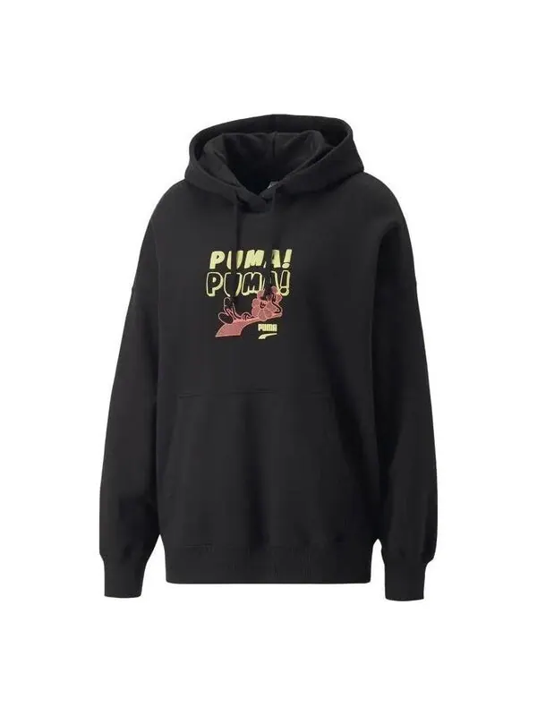 Толстовка downtown oversized graphic hoodie 'black' Puma — изображение 1 из 2, черный/желтый/розовый