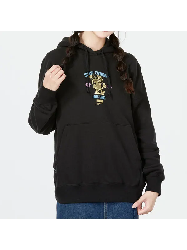 Толстовка oversized graphic hoodie 'black' Puma — изображение 3 из 4, черный/желтый/синий