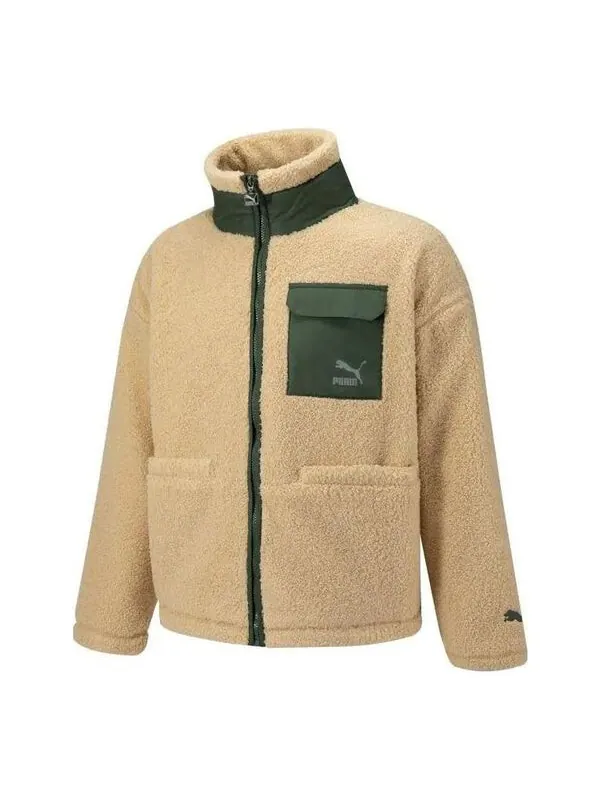 Куртка patch pocket sherpa jacket 'beige' Puma — изображение 1 из 3, бежевый/зеленый