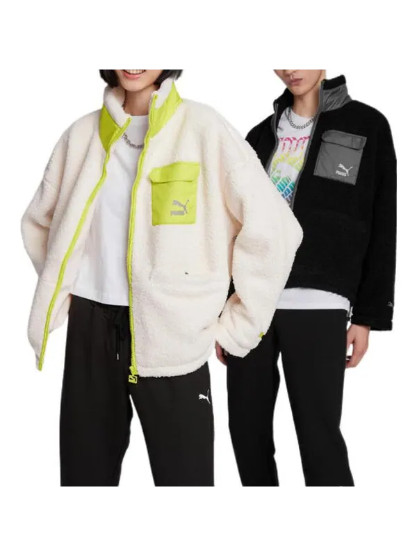 Куртка patch pocket sherpa jacket 'white' Puma — изображение 3 из 3, белый/зеленый