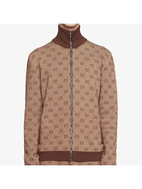 Куртка Gucci jacquard knit pilot jacket coat, мужская — изображение 2 из 4, коричневый
